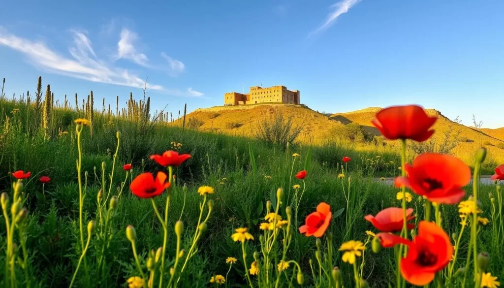 Spring landscape around Al-Karak with wildflowers blooming against the backdrop of the castle