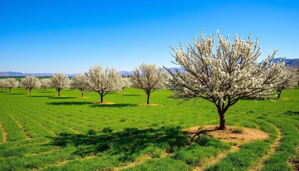 Spring landscape in Ait Melloul with blooming almond trees and clear blue skies