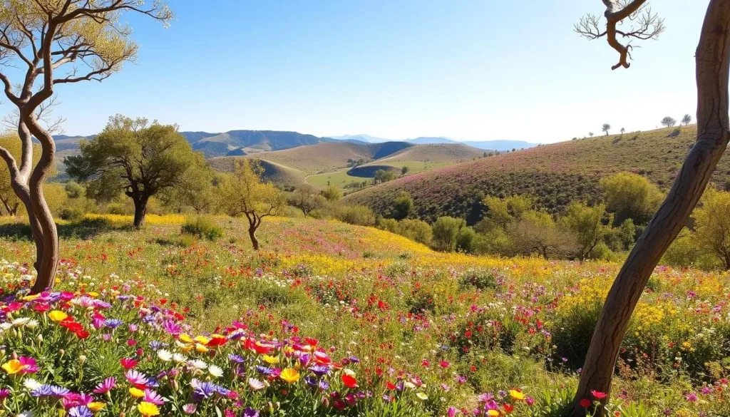 Spring landscape in Benslimane, Morocco with wildflowers and cork oak trees