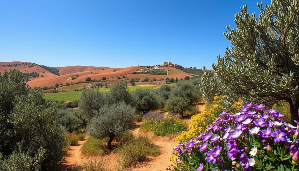 Spring landscape in Fquih Ben Salah with olive groves and flowering plants