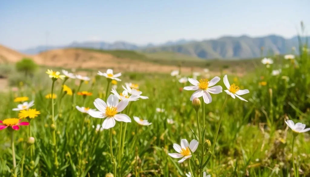 Spring landscape in Kasserine with wildflowers and mountains