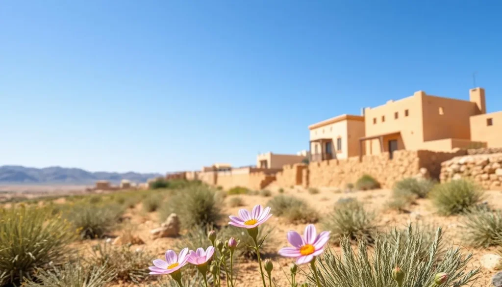 Spring landscape in Medenine, Tunisia with blooming desert flowers and traditional buildings
