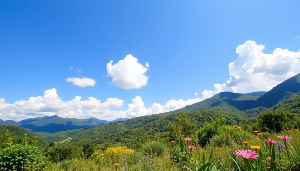 Spring landscape in Nuevo Leon showing mountains and blooming vegetation