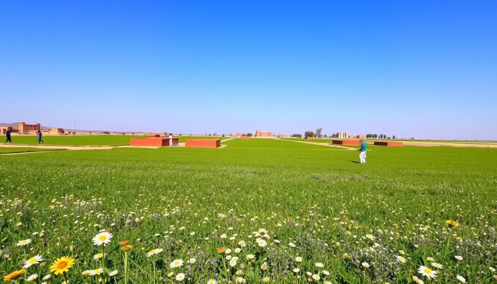 Spring landscape in Suq as-Sabt Awlad an-Nama with blooming wildflowers and clear skies