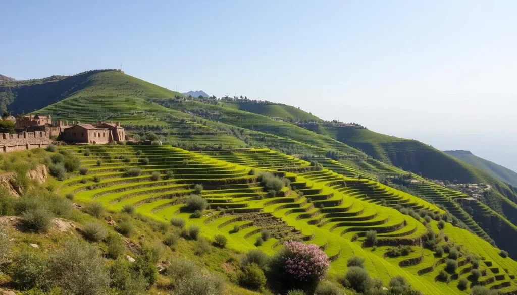 Spring landscape in Taiz showing green terraced fields and blooming vegetation on the mountainside