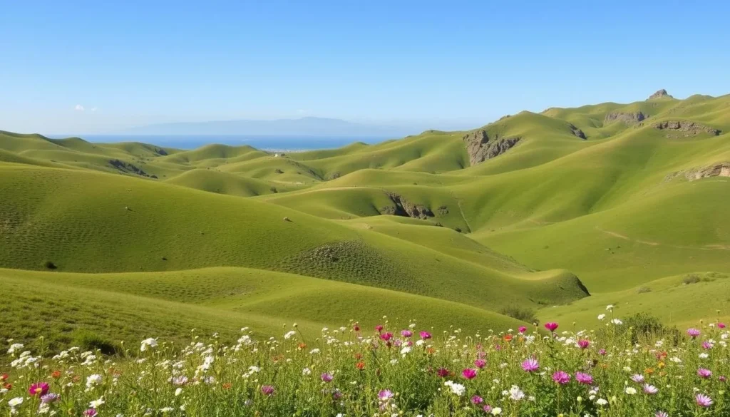 Spring landscape near Khemisset showing blooming wildflowers and green hills under clear blue skies