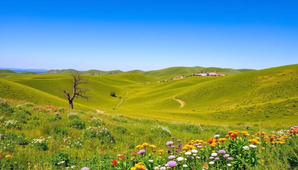 Spring landscape near Ksar El Kebir with wildflowers and green hills