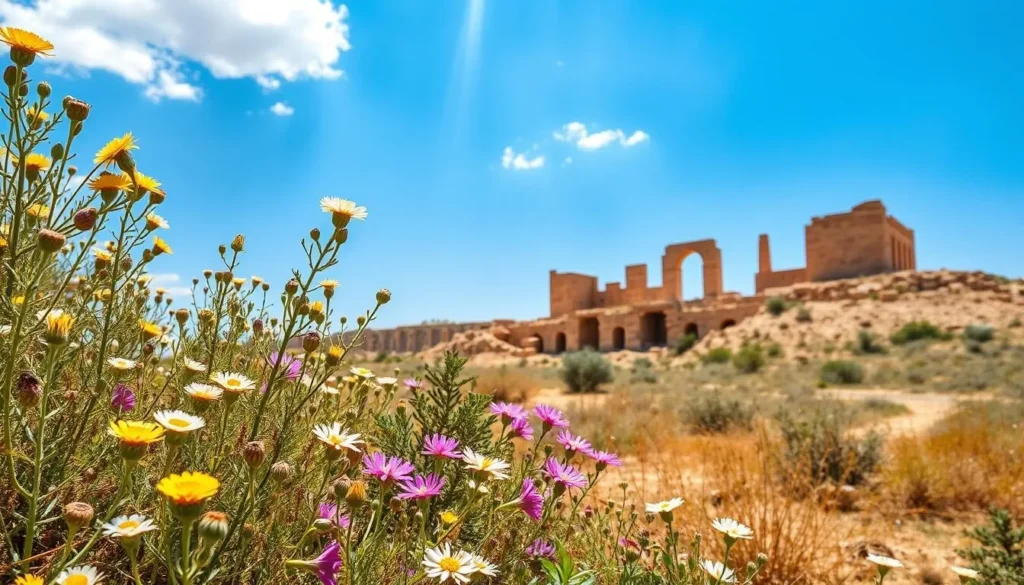Spring landscape near Madaba showing wildflowers and ancient ruins under clear blue skies Spring landscape near Madaba showing wildflowers and ancient ruins under clear blue skies