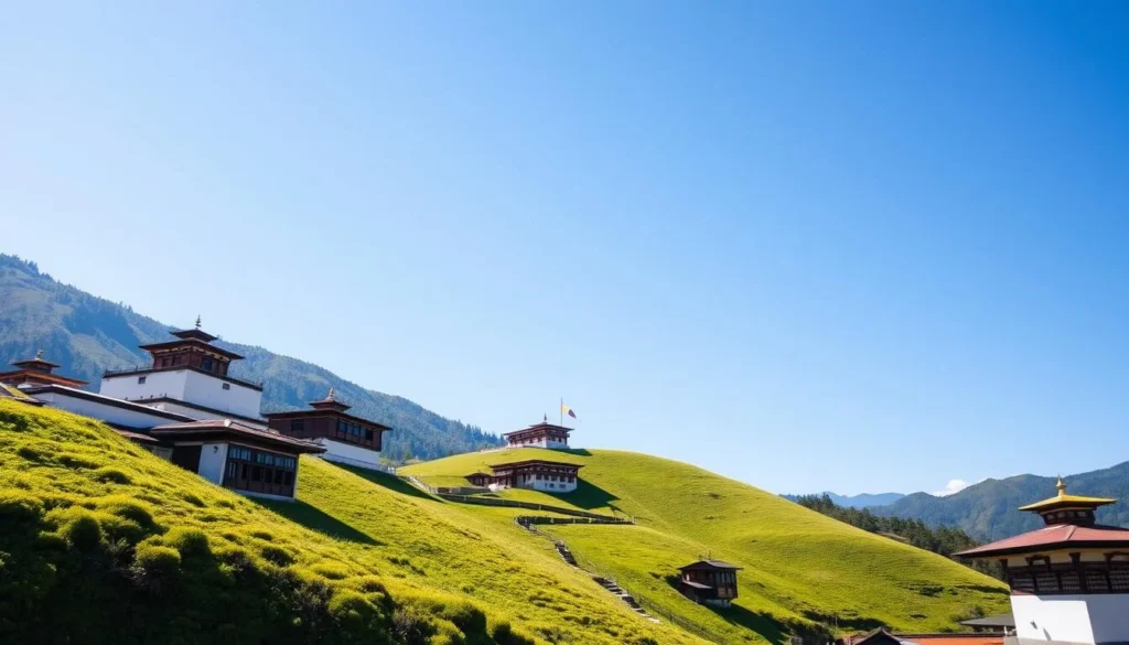Spring landscape of Samdrup Jongkhar showing lush green hills and traditional Bhutanese buildings under clear blue skies