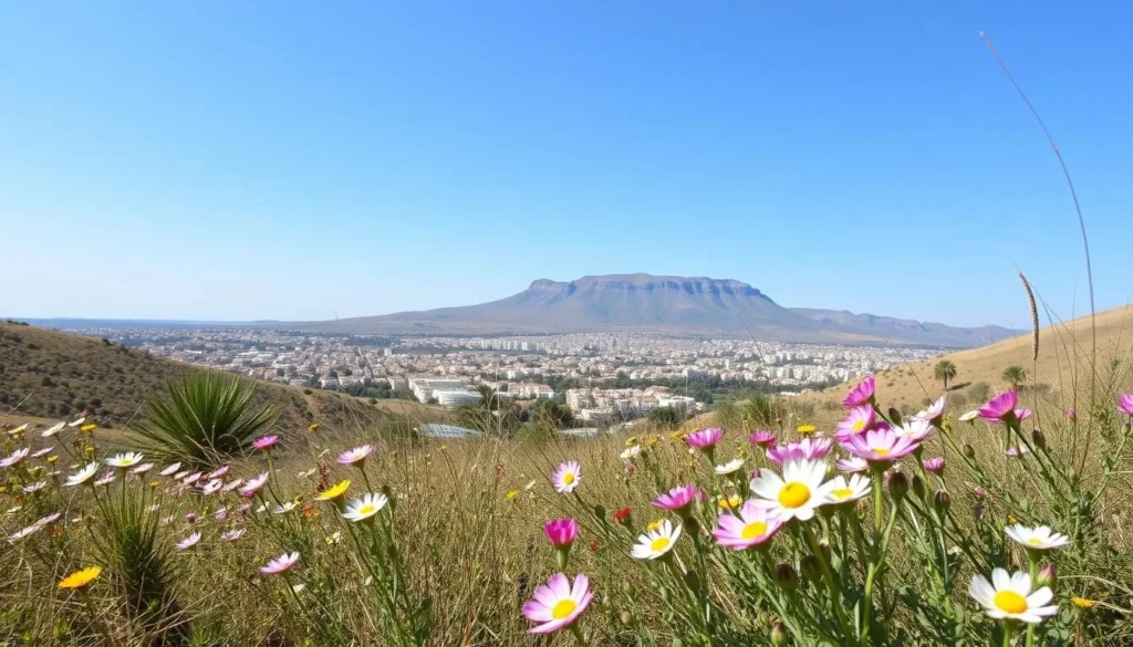 Spring landscape of Zaghouan with blooming wildflowers and the mountain backdrop Spring landscape of Zaghouan with blooming wildflowers and the mountain backdrop
