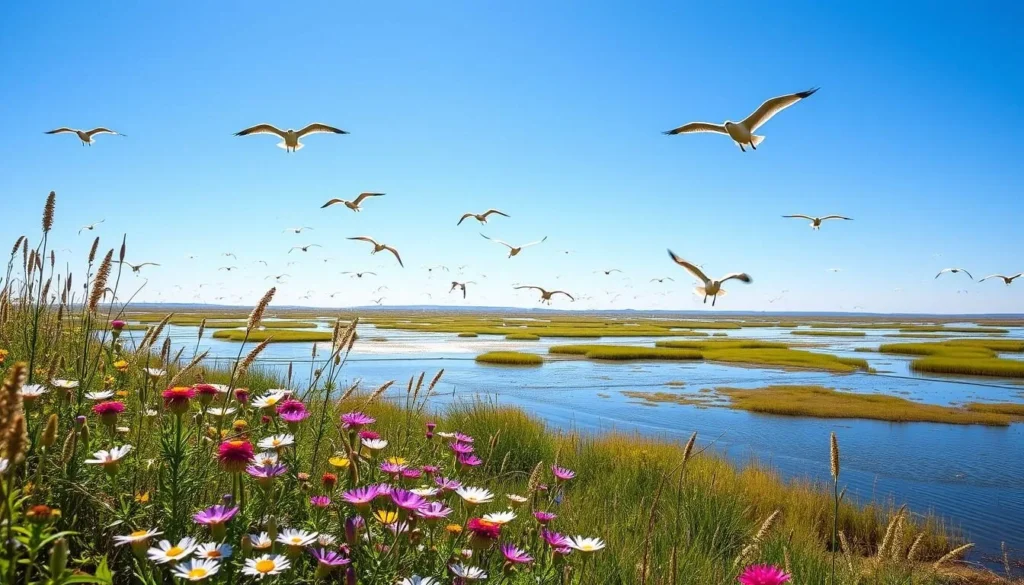 Spring scene at Lake Khanka with migratory birds flying over wetlands and blooming wildflowers