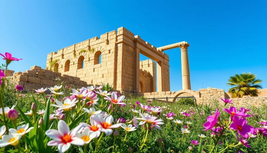 Spring scene in Homs Syria with blooming flowers and ancient architecture