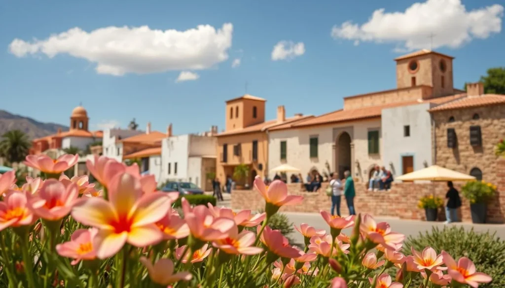 Spring scene in Sidi Slimane with blooming flowers and traditional buildings