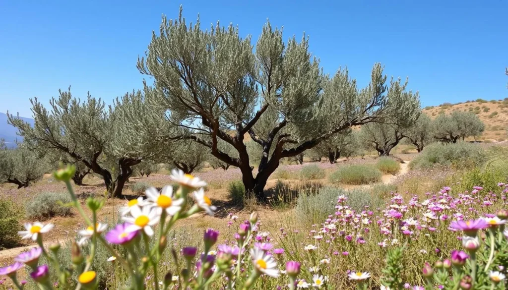 Spring season in El Kelaa des Sraghna with blooming flowers and olive trees, Morocco
