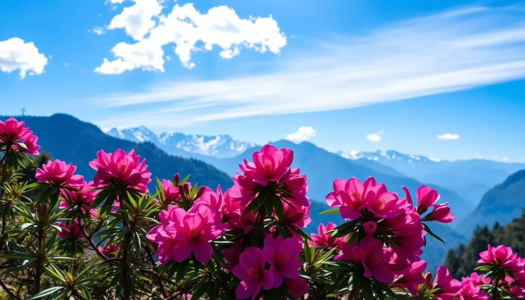 Spring season in Masagang with rhododendron blooms and clear mountain views