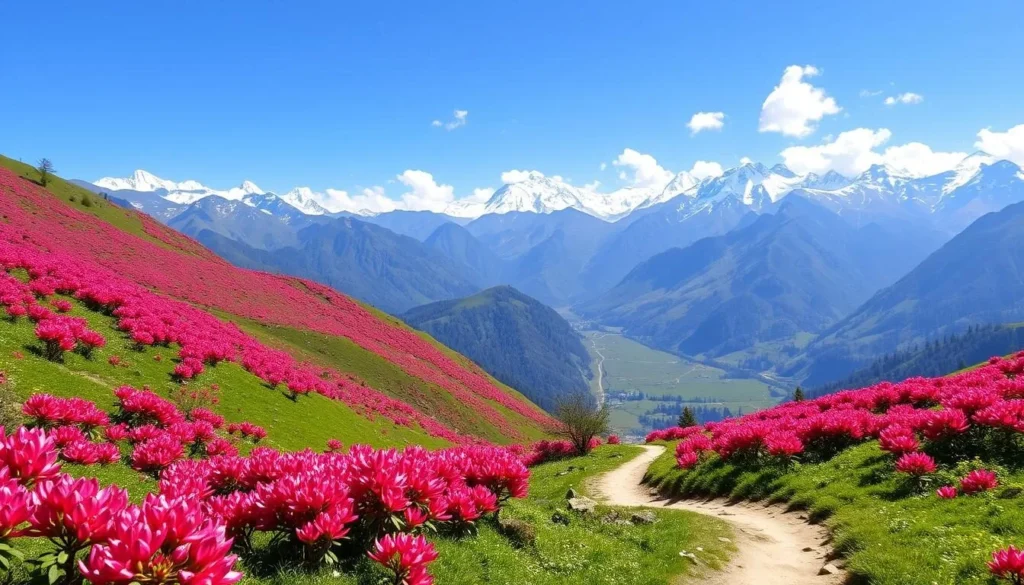 Spring season in Merak and Sakteng Highlands with rhododendron blooms and clear mountain views