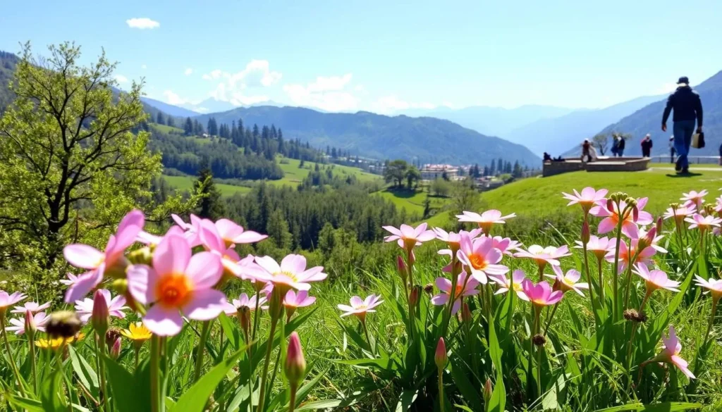 Spring season in Phuentsholing with blooming flowers and clear mountain views