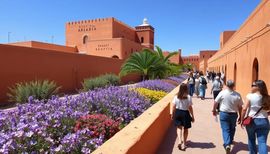 Spring season in Tiznit showing blooming flowers along the city walls with perfect weather