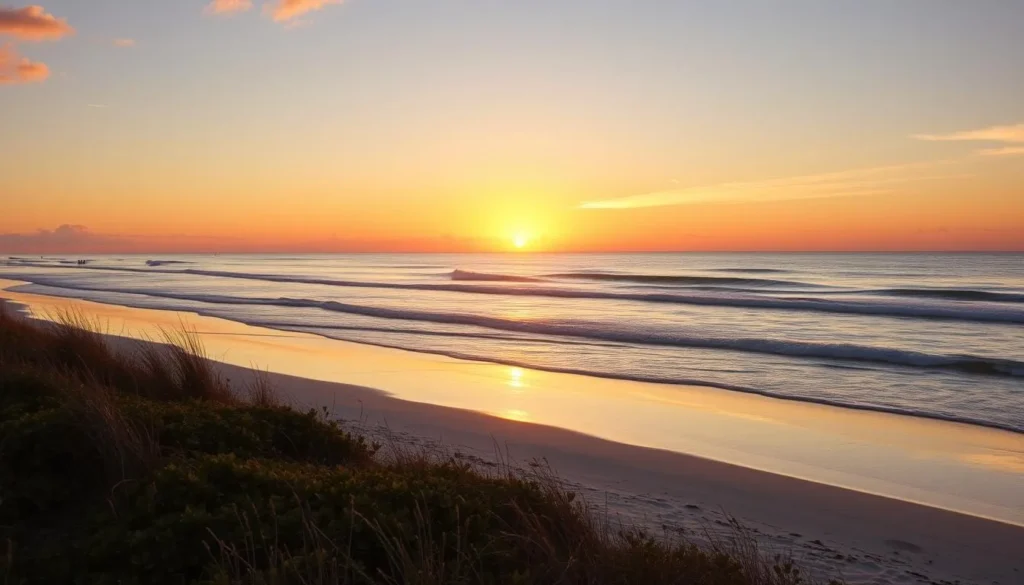Spring sunset over North Peninsula State Park beach with golden light illuminating the shoreline