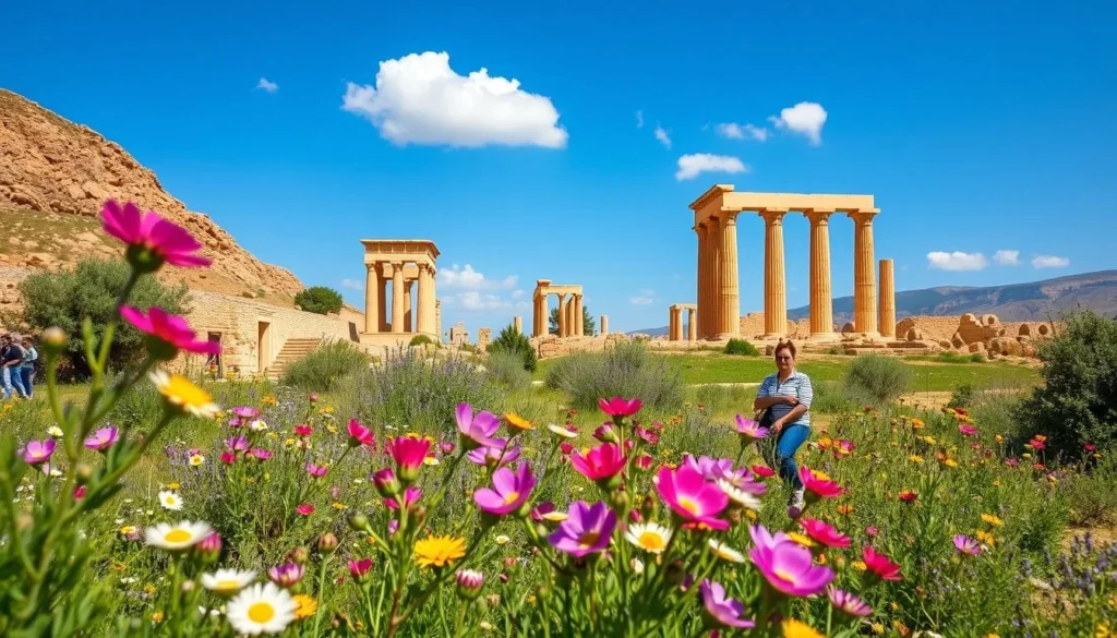 Spring view of Baalbek ruins with blooming wildflowers in the foreground