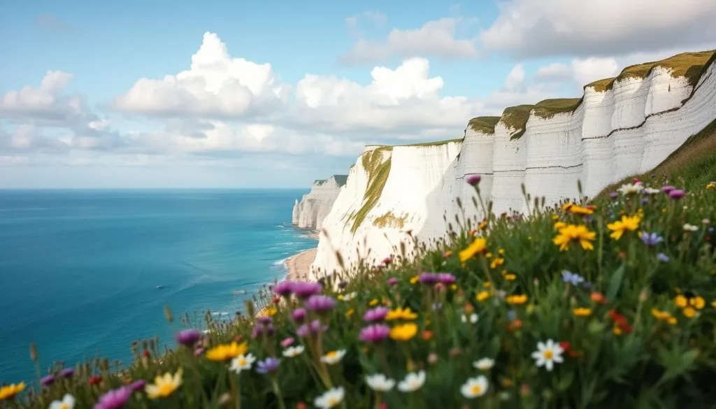 Spring view of Etretat cliffs with blooming wildflowers in foreground, perfect for a weather-savvy trip Spring view of Etretat cliffs with blooming wildflowers in foreground, perfect for a weather-savvy trip