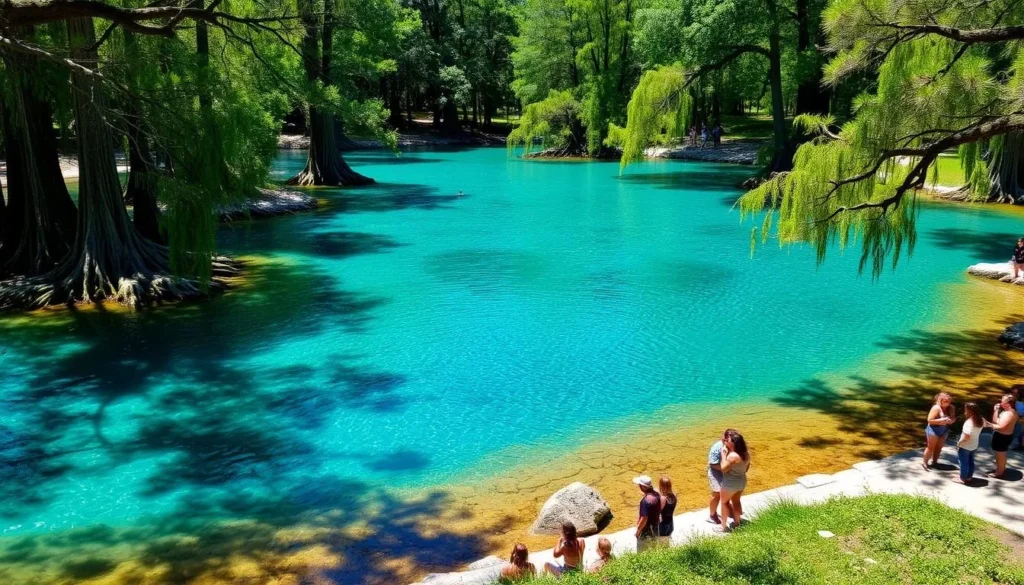 Spring view of Wakulla Springs with clear blue water and lush green trees