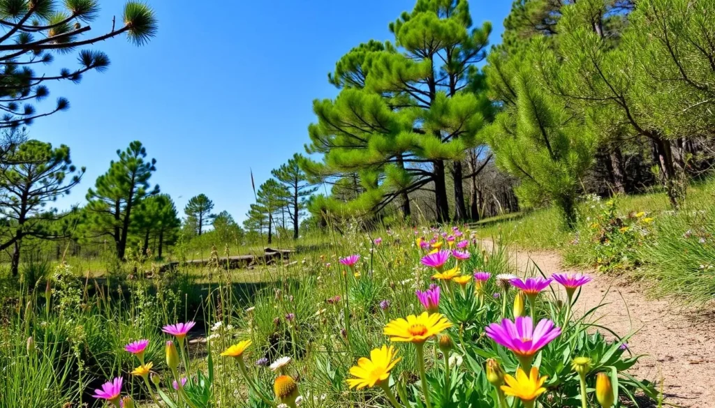 Spring wildflowers blooming along a hiking trail at Colt Creek State Park with perfect weather conditions