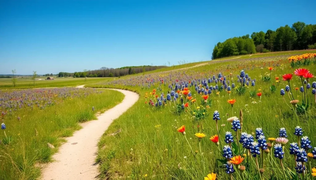 Spring wildflowers blooming along a trail at Brazos Bend State Park, Texas