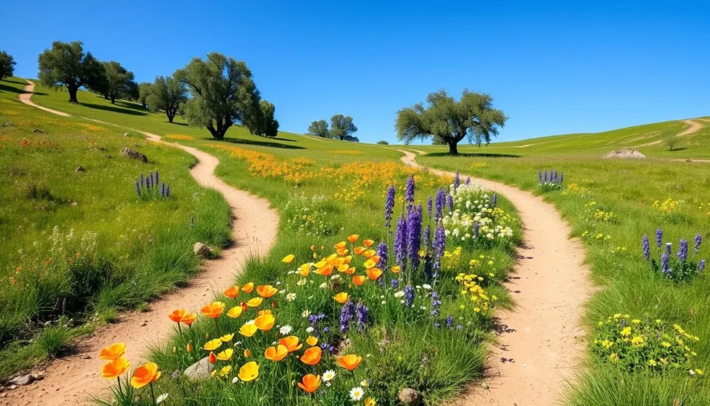 Spring wildflowers blooming along a trail in Austin Creek State Recreation Area