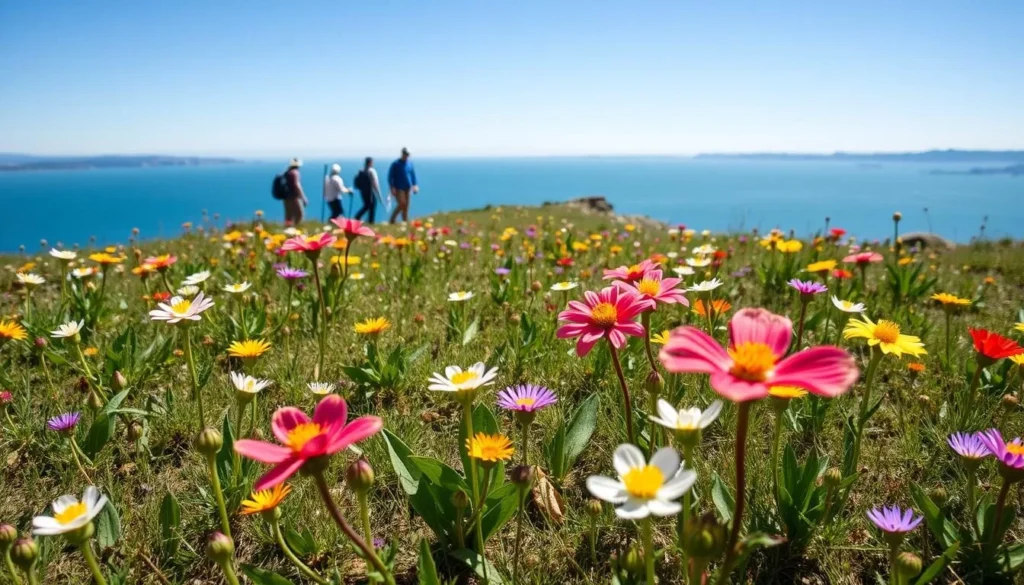 Spring wildflowers blooming along the trails at Benicia State Recreation Area with the Carquinez Strait in the background Spring wildflowers blooming along the trails at Benicia State Recreation Area with the Carquinez Strait in the background