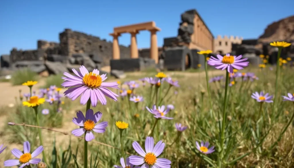 Spring wildflowers blooming around the ancient ruins of Umm Qais, Jordan with clear skies Spring wildflowers blooming around the ancient ruins of Umm Qais, Jordan with clear skies