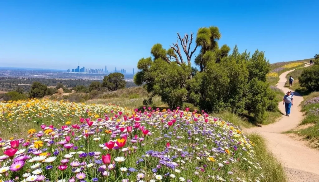 Spring wildflowers blooming at Kenneth Hahn State Recreation Area with people hiking