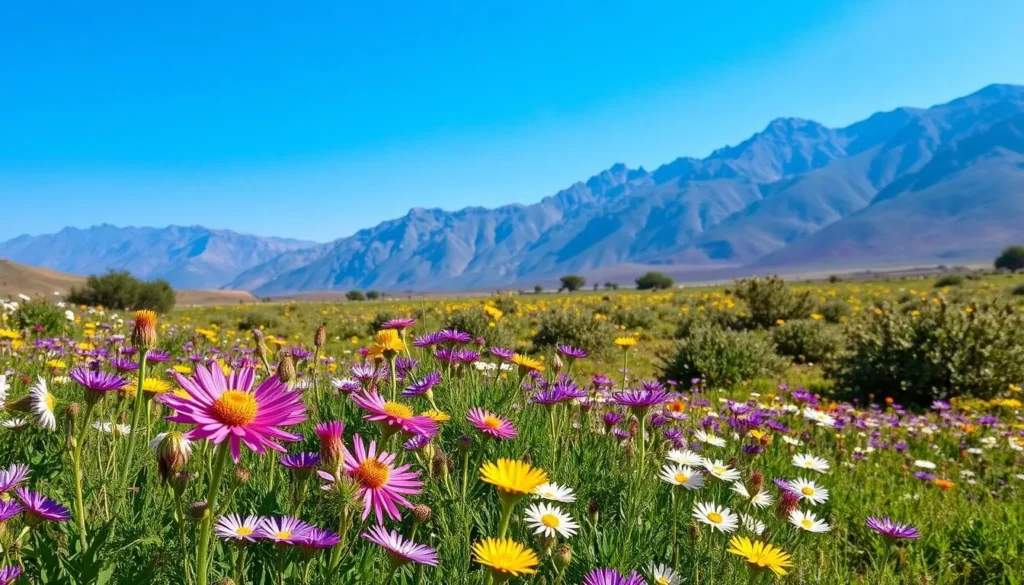 Spring wildflowers blooming in Chambi National Park with mountains in background