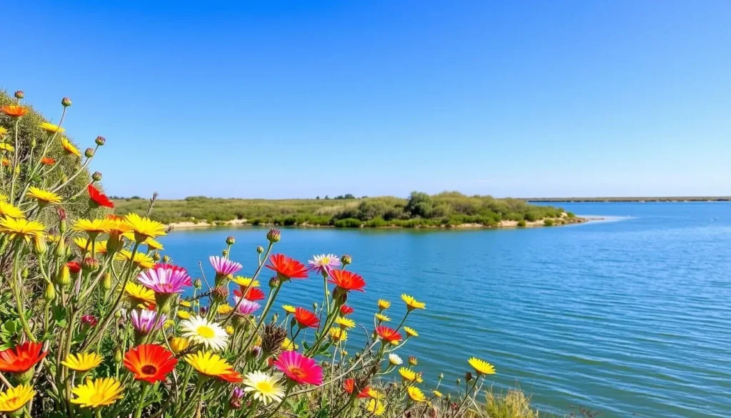 Spring wildflowers blooming in Coorong National Park, South Australia with lagoon in background