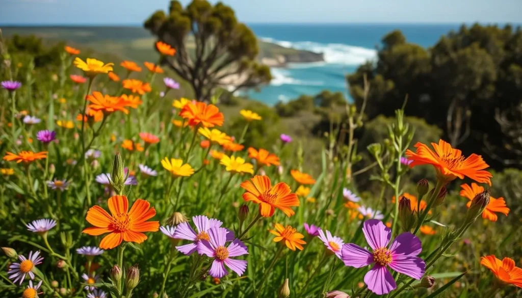 Spring wildflowers blooming in Eurobodalla National Park with coastal views