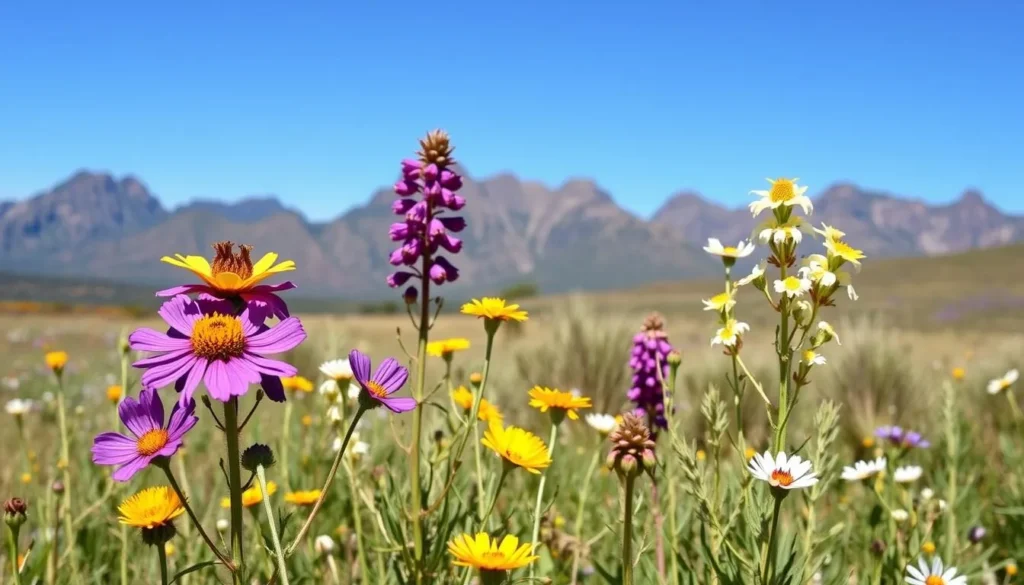 Spring wildflowers blooming in Flinders Ranges National Park with mountains in the background
