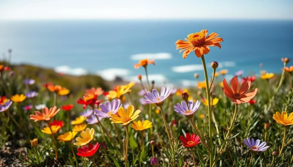 Spring wildflowers blooming in Innes National Park with coastal views