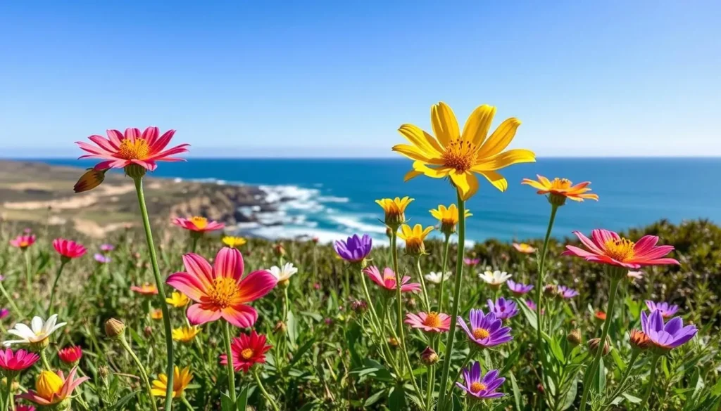 Spring wildflowers blooming in Kattang Nature Reserve with ocean views