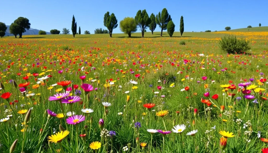 Spring wildflowers blooming in Khenifra National Park with cedar trees in the background