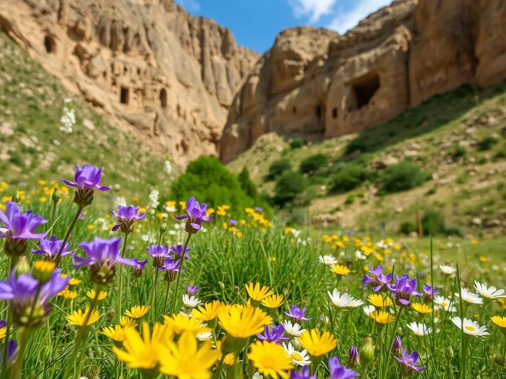 Spring wildflowers blooming in Qadisha Valley with monasteries visible in the background Spring wildflowers blooming in Qadisha Valley with monasteries visible in the background