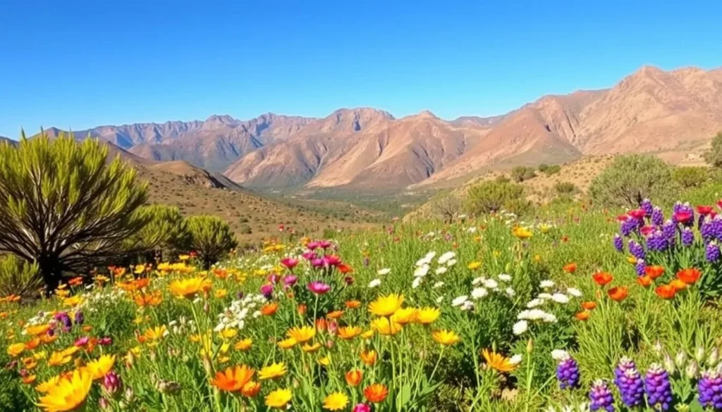 Spring wildflowers blooming in Talassemtane National Park, Morocco with mountains in background