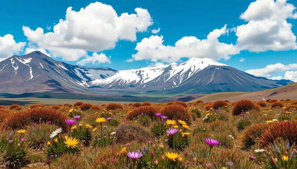 Spring wildflowers blooming in Tongariro National Park with melting snow on volcanic peaks Spring wildflowers blooming in Tongariro National Park with melting snow on volcanic peaks