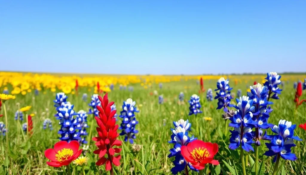 Spring wildflowers blooming in a field near Anna, Texas with blue sky