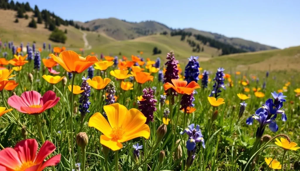 Spring wildflowers blooming in meadows of Austin Creek State Recreation Area