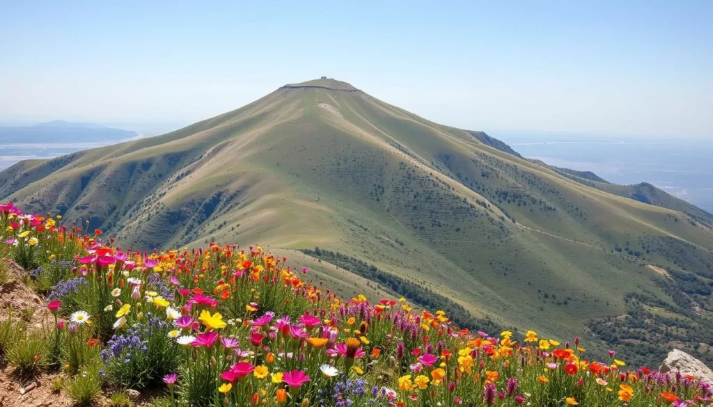 Spring wildflowers blooming on Mount Tabor with clear views of the Jezreel Valley