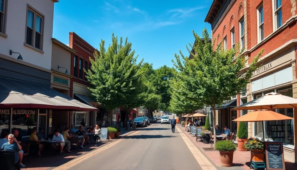 Springfield's Main Street during summer with people enjoying outdoor dining and shopping Springfield's Main Street during summer with people enjoying outdoor dining and shopping
