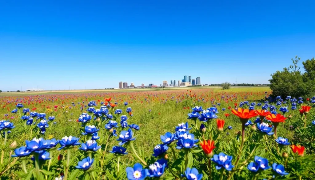 Springtime in Abilene Texas with bluebonnets and clear skies