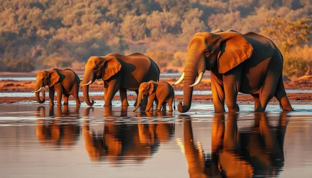 Sri Lankan elephant family drinking at a lake in Wilpattu National Park
