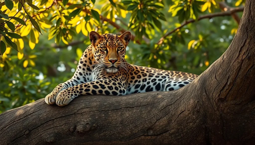 Sri Lankan leopard resting on a tree branch in Kumana National Park