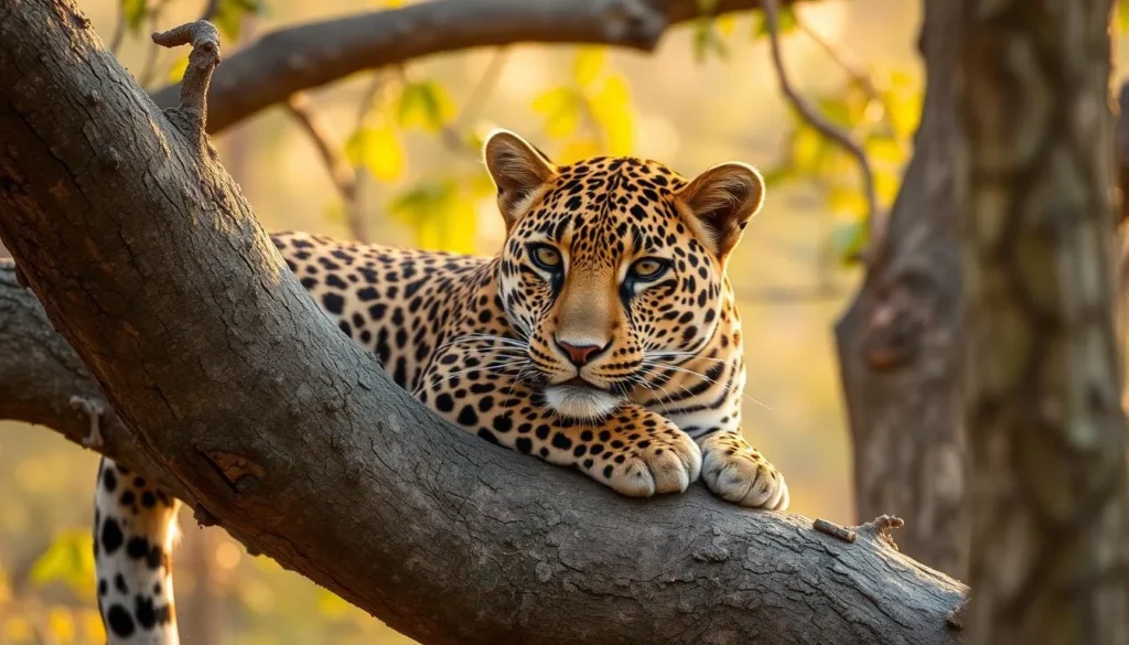 Sri Lankan leopard resting on a tree branch in Wilpattu National Park